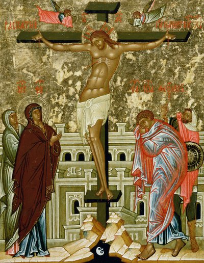 The Crucifixion of Our Lord, Russian Icon from the Cathedral of St. Sophia, Novgorod School, 15th Century by Unbekannt Unbekannt